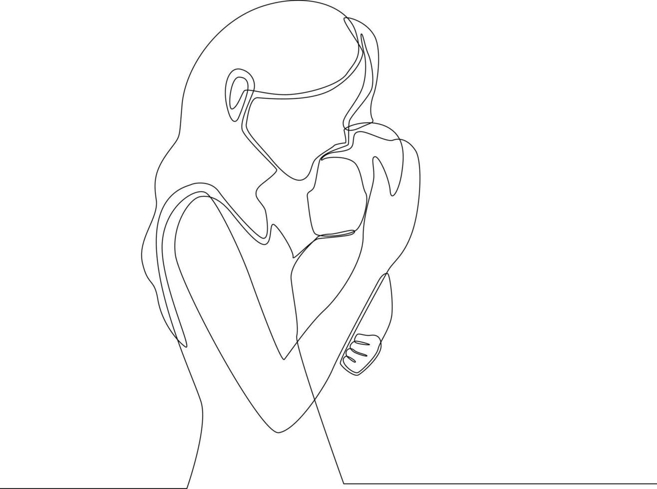 Célibataire un ligne dessin mère est en portant sa bébé sur sa genoux. de la mère journée. continu ligne dessiner conception graphique vecteur illustration.