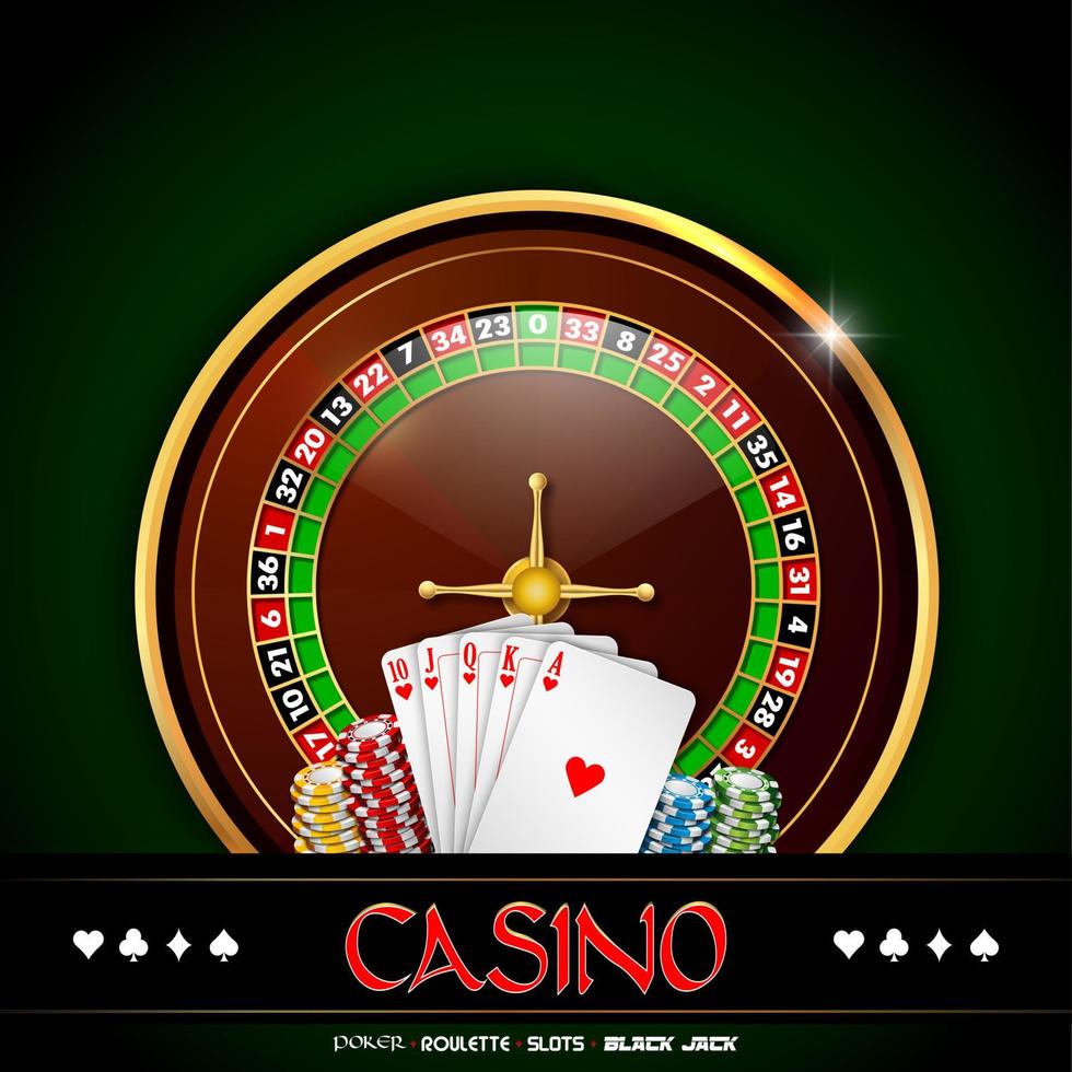 casino bannière avec roulette roue, frites et en jouant cartes sur vert Contexte vecteur