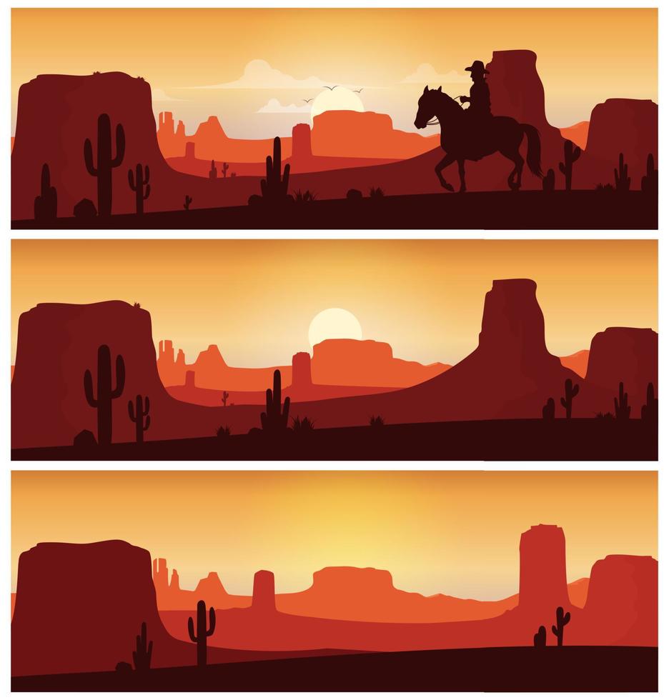cow-boy équitation cheval contre le coucher du soleil Contexte. sauvage occidental silhouettes bannières vecteur