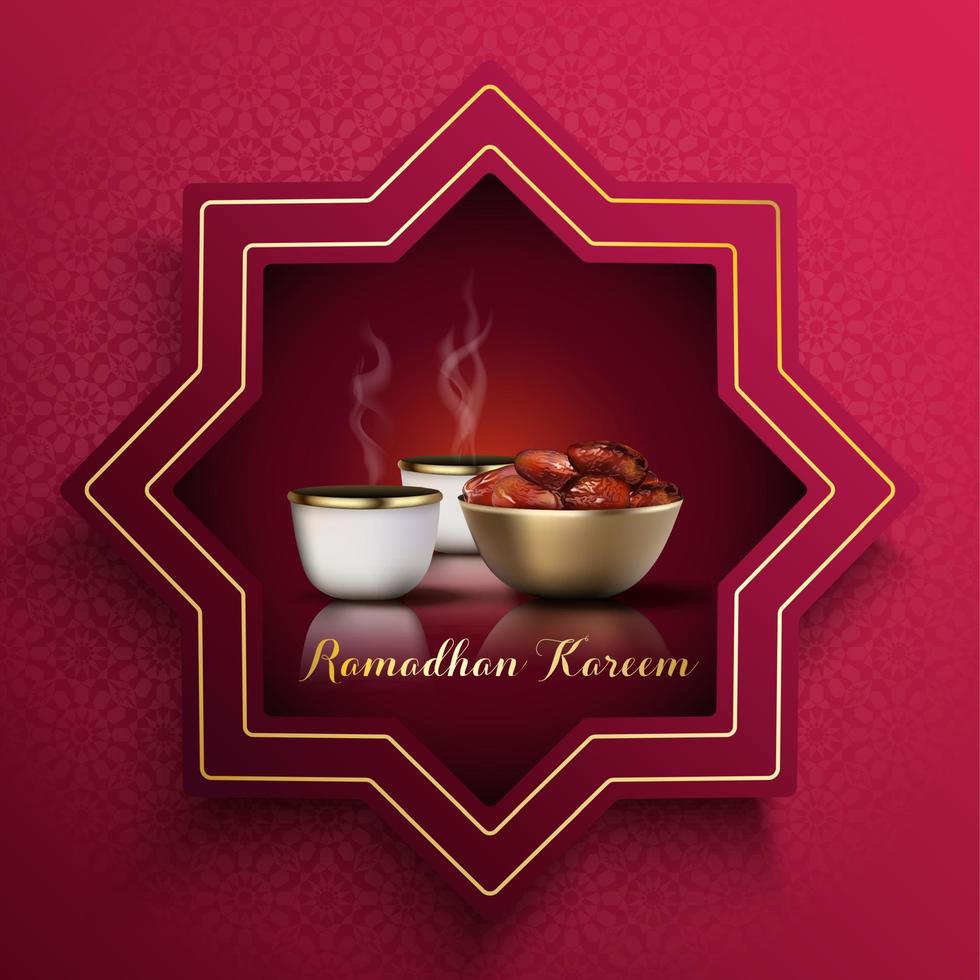 Ramadan kareem salutation carte. iftar fête fête avec traditionnel café tasse et bol de Rendez-vous vecteur