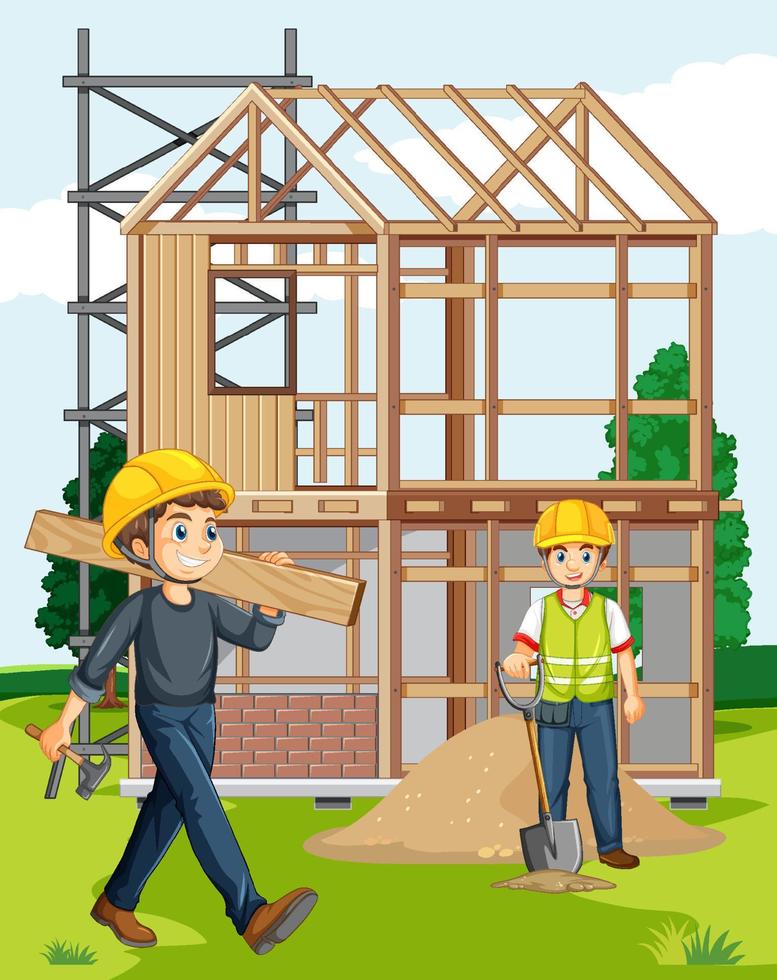 scène de dessin animé du chantier de construction de maison vecteur