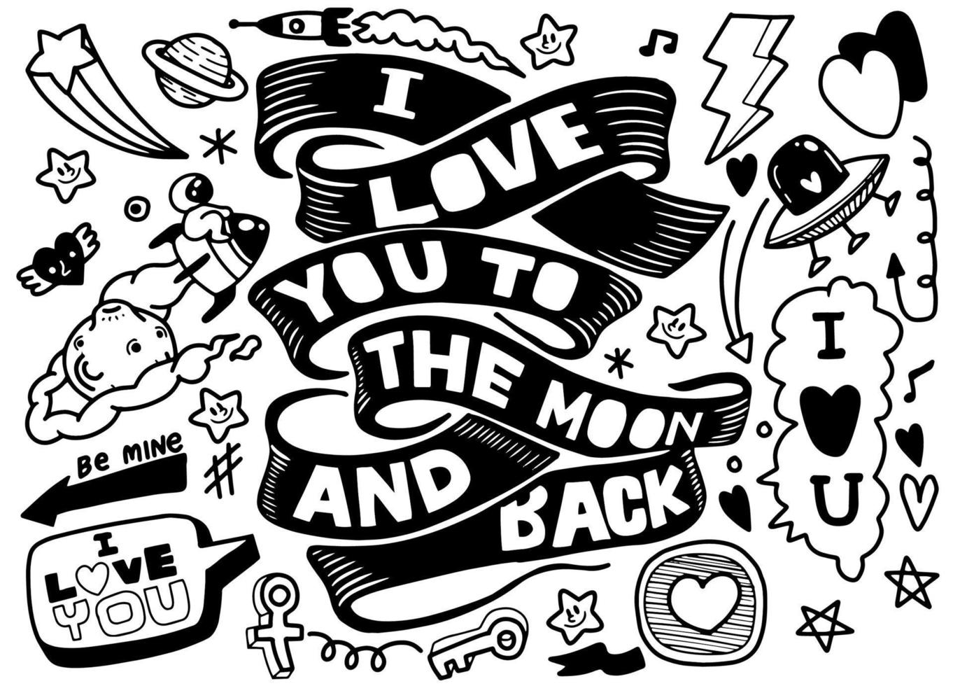 je l'amour vous à le lune et dos. dessiné à la main caractères citation avec galaxie illustrations. vecteur