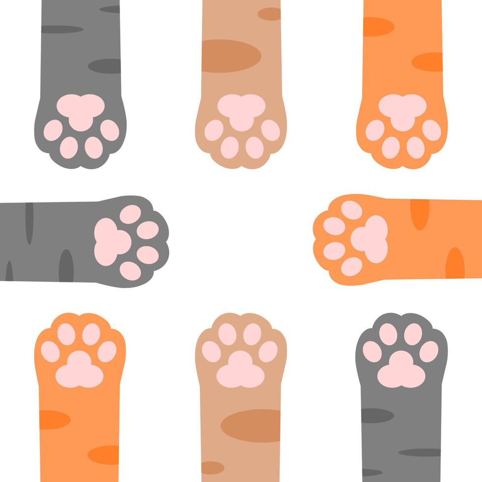mignonne pied pattes en haut chat animal de compagnie jambe étendue sur marron Contexte plat vecteur icône sans couture modèle conception.