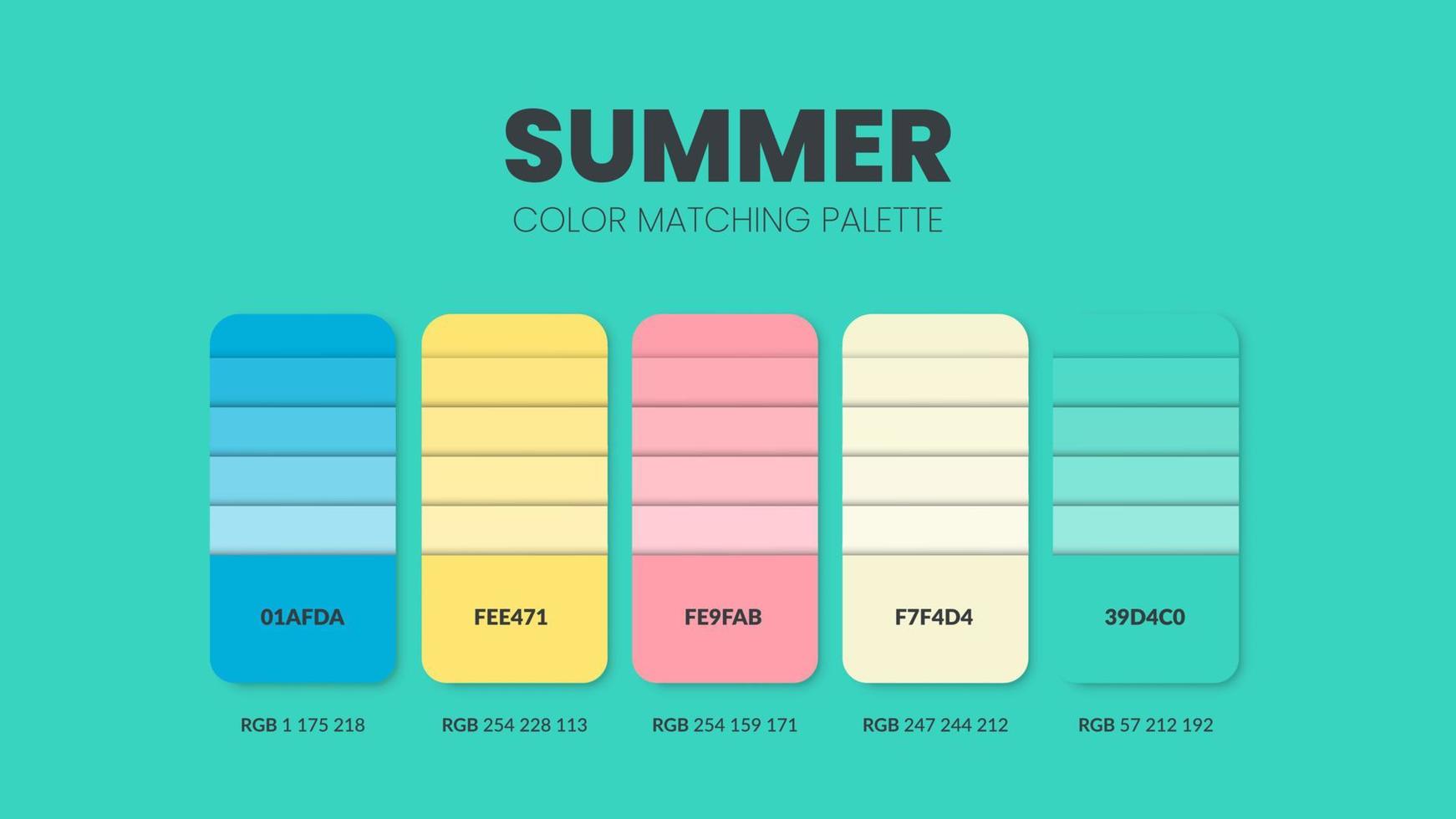 Les palettes de couleurs ou les schémas de couleurs du thème de l'été sont des combinaisons de tendances et des guides de palettes cette année, un tableau de nuances de couleurs en rgb ou hexadécimal. un échantillon de couleur pour une mode printanière, une maison ou un design d'intérieur. vecteur