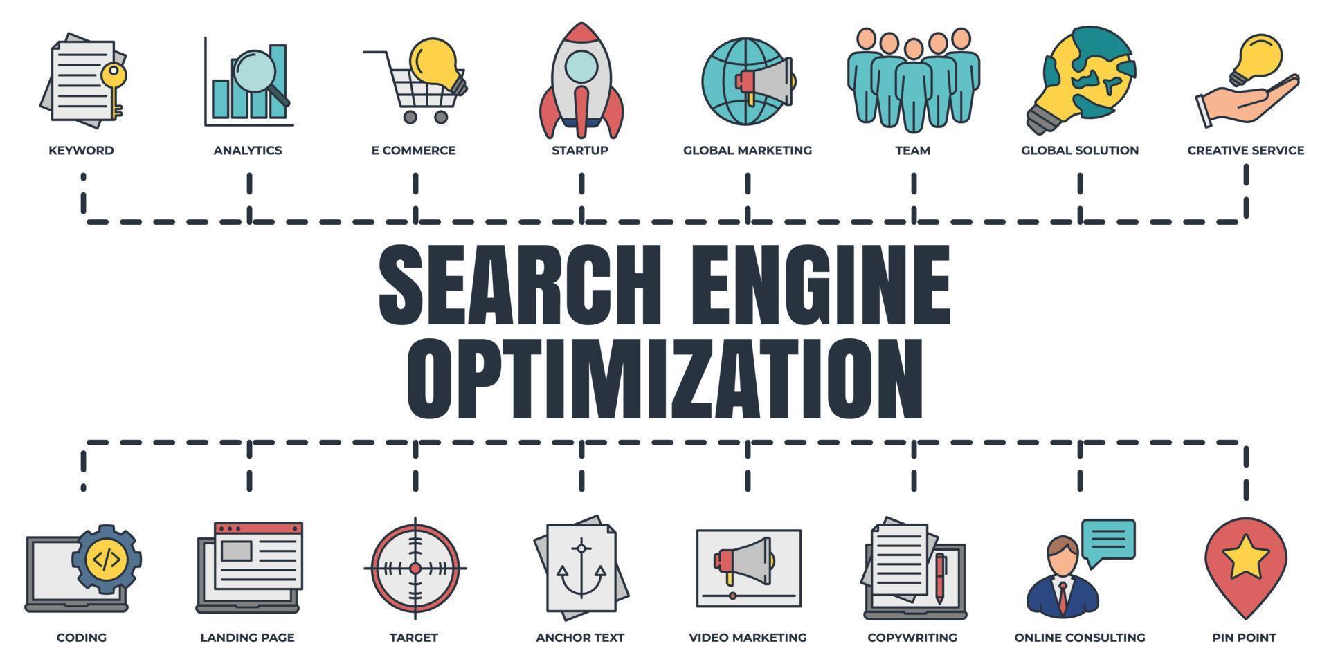 optimisation du moteur de recherche. ensemble d'icônes web de bannière seo. texte d'ancrage, rédaction de copie, commerce électronique, codage, point d'épingle, concept d'illustration vectorielle de consultation en ligne. vecteur