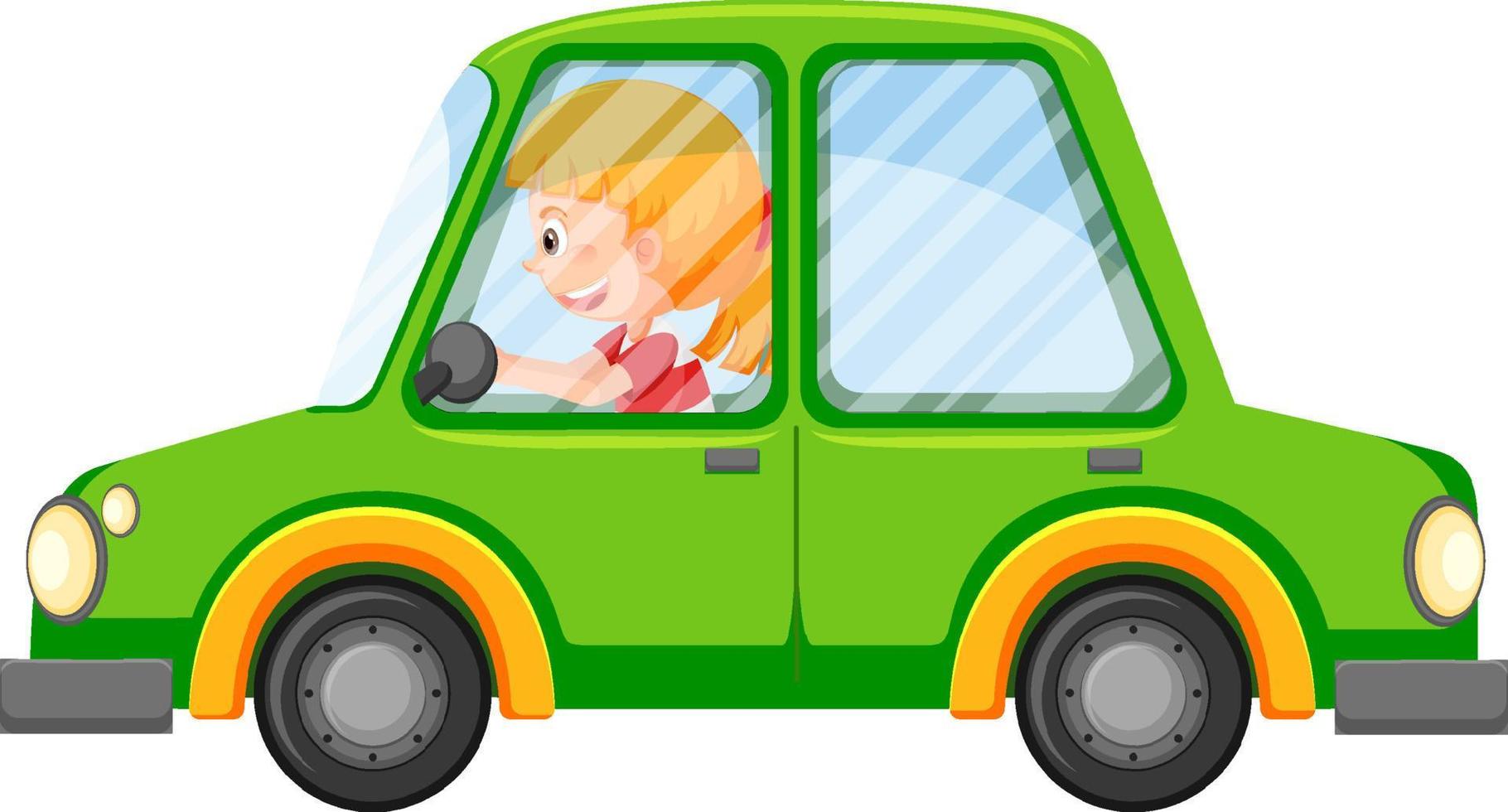 dessin animé fille conduite vert voiture dans dessin animé style vecteur