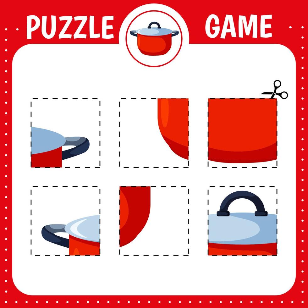 puzzle Jeu pour enfants. Coupe entraine toi. éducation développement feuille de travail. activité page. Couper et la colle casserole. cuisine ustensile vecteur