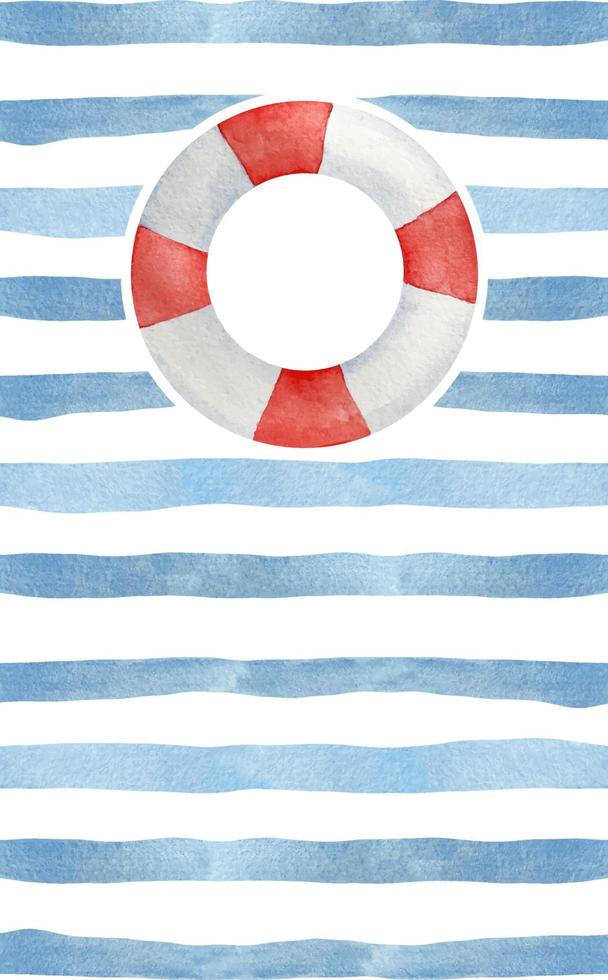 aquarelle bleu rayures avec rouge et blanc bouée de sauvetage. nautique Marin Contexte pour carte et invitation vecteur
