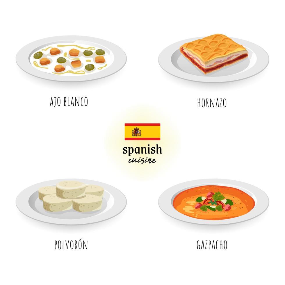 Espagnol cuisine ajo blanc, polvoron, cornazo, et Gaspacho dans blanc isolé Contexte. nourriture concept vecteur illustration