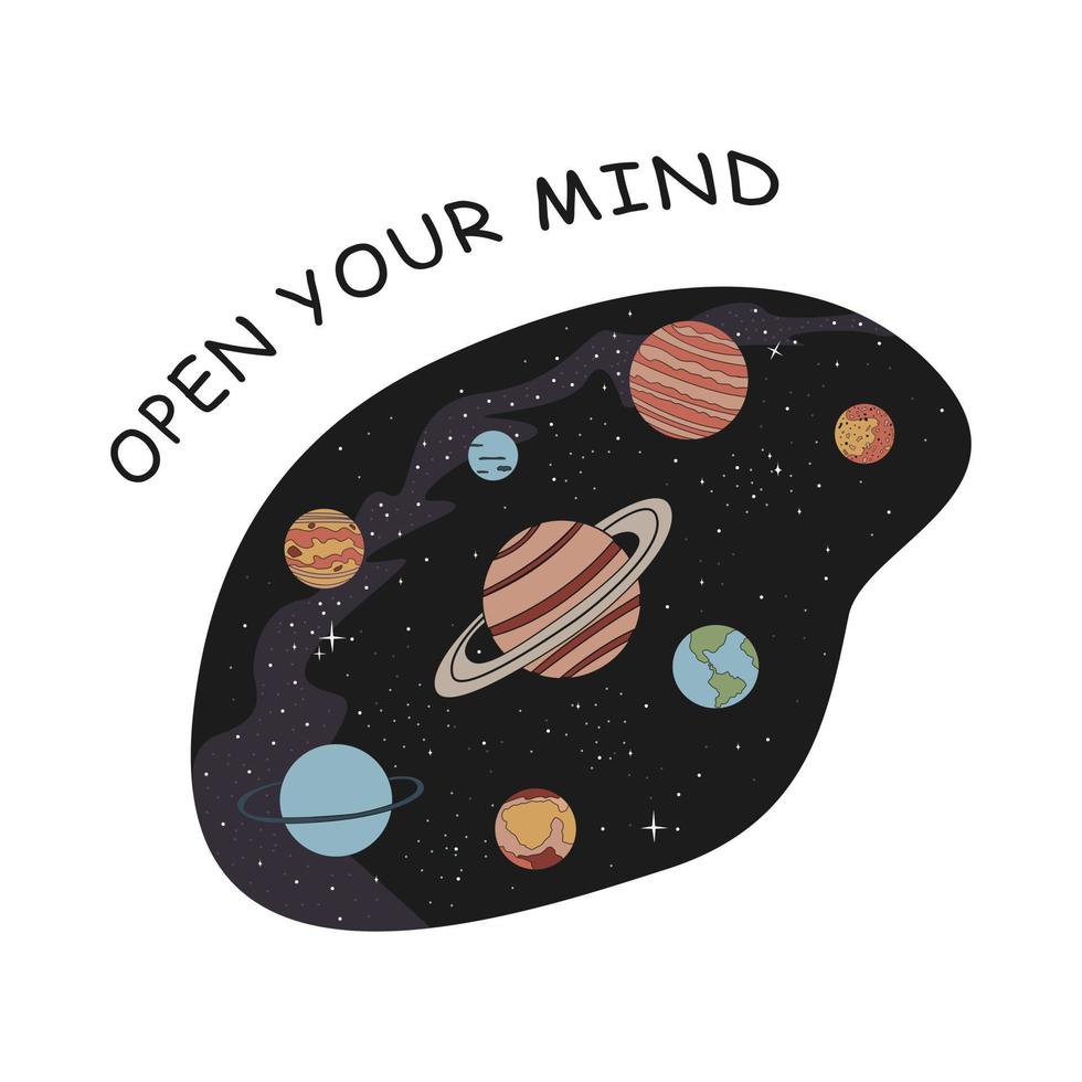 ouvert votre esprit. espace avec planètes et étoiles. plat vecteur illustration, affiche.