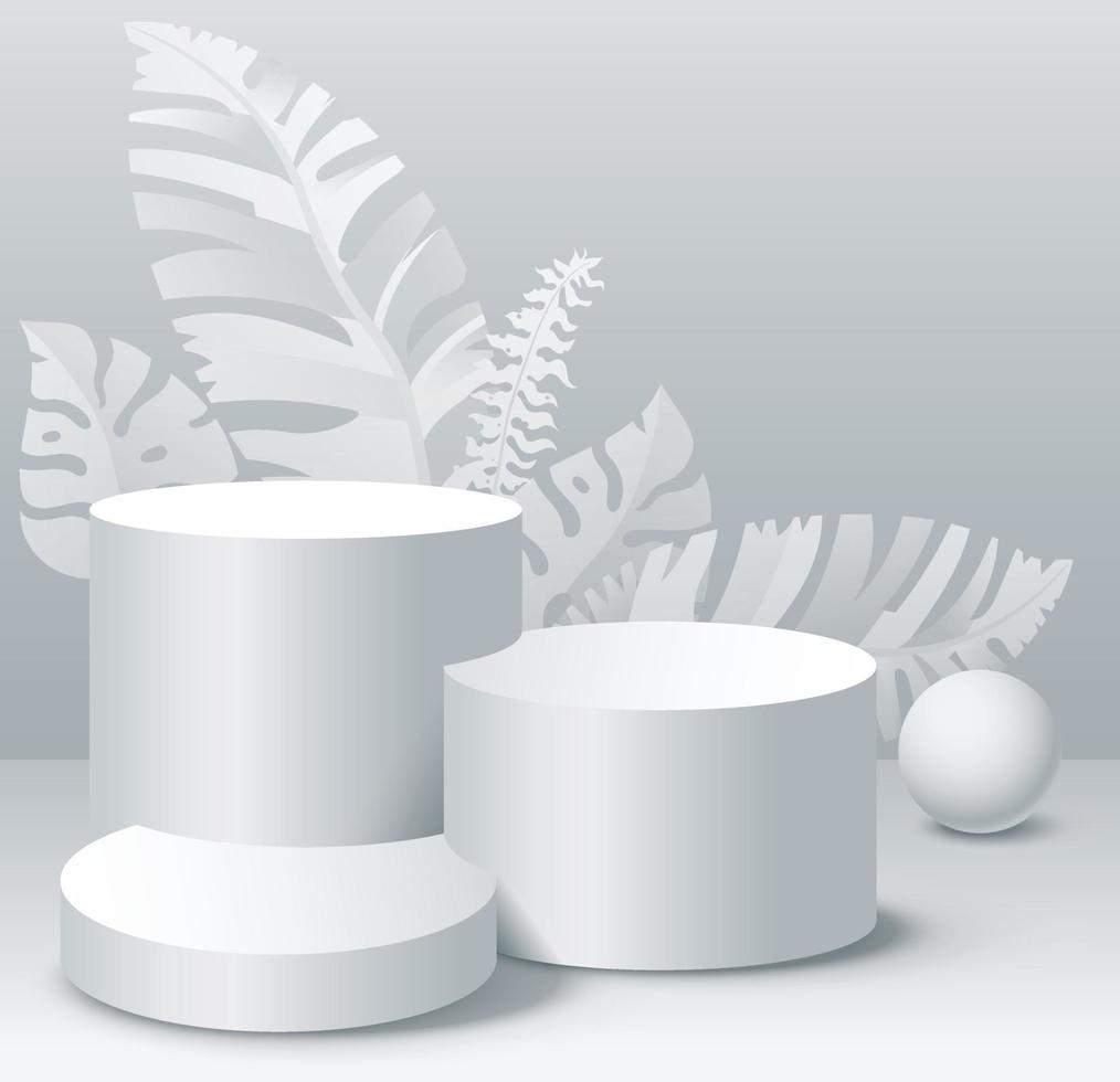3 maquette cylindrique podiums avec feuilles pour produit présentation sur blanc Contexte vecteur