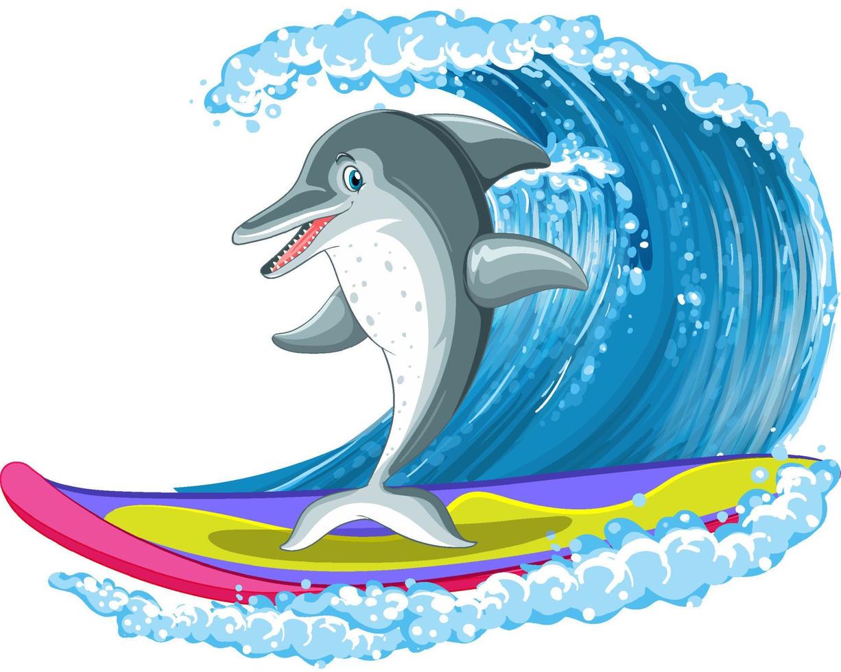 dauphin dessin animé personnage surfant vague vecteur