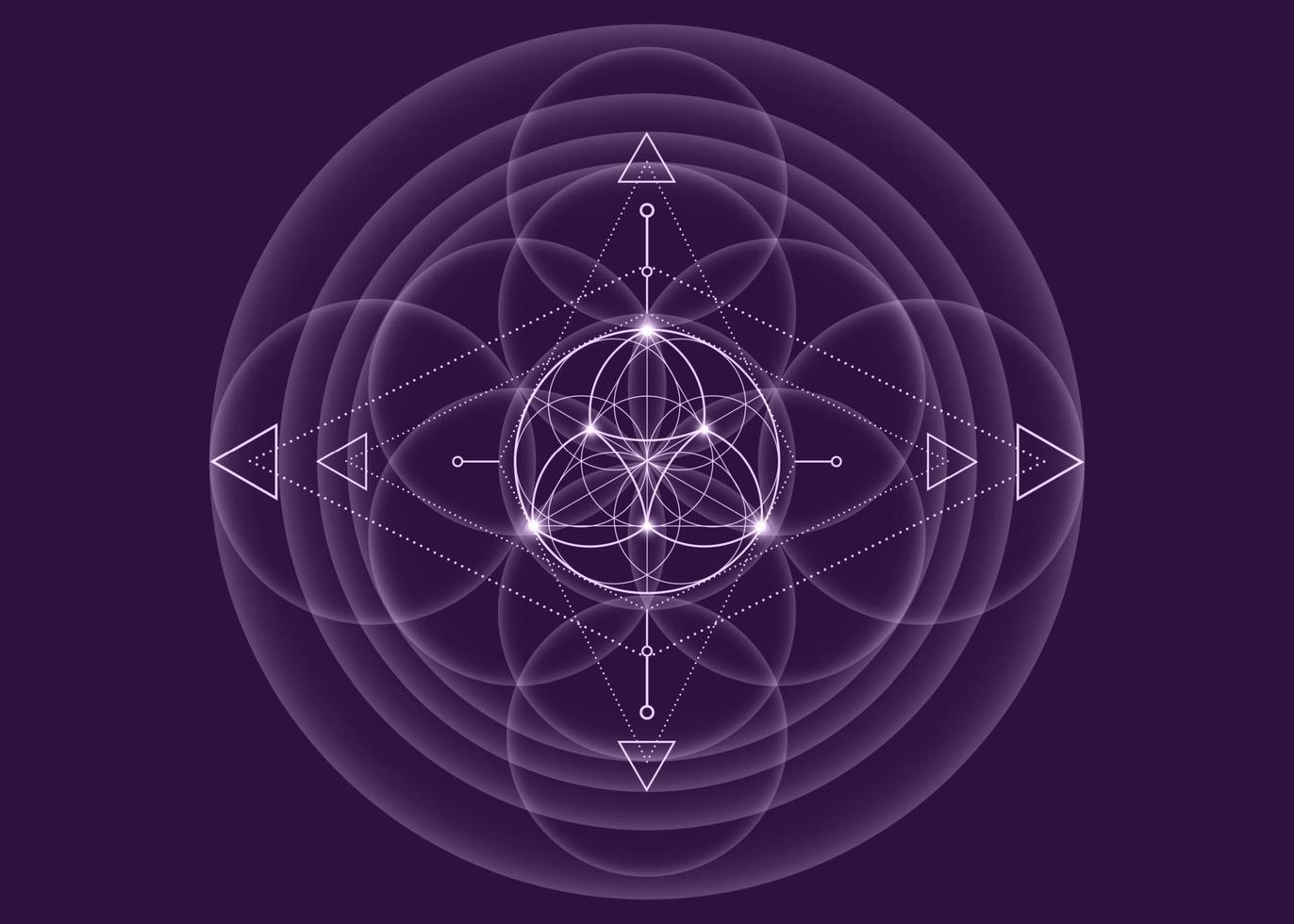 sacré géométrie, fleur de vie, lotus fleur mandala. néon ancien logo symbole de harmonie et équilibre, embrasé géométrique ornement, yoga se détendre, vecteur isolé sur violet Contexte