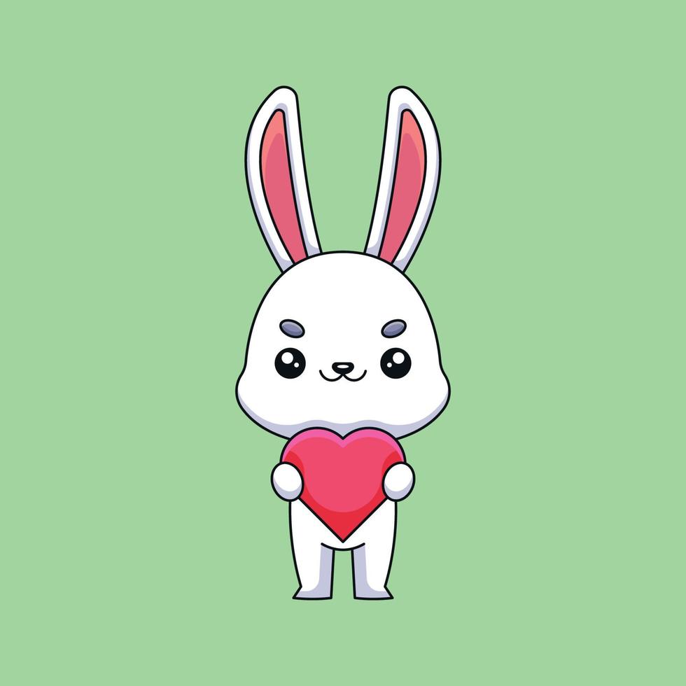 lapin mignon tenant coeur d'amour dessin animé doodle art dessiné à la main concept vecteur kawaii icône illustration