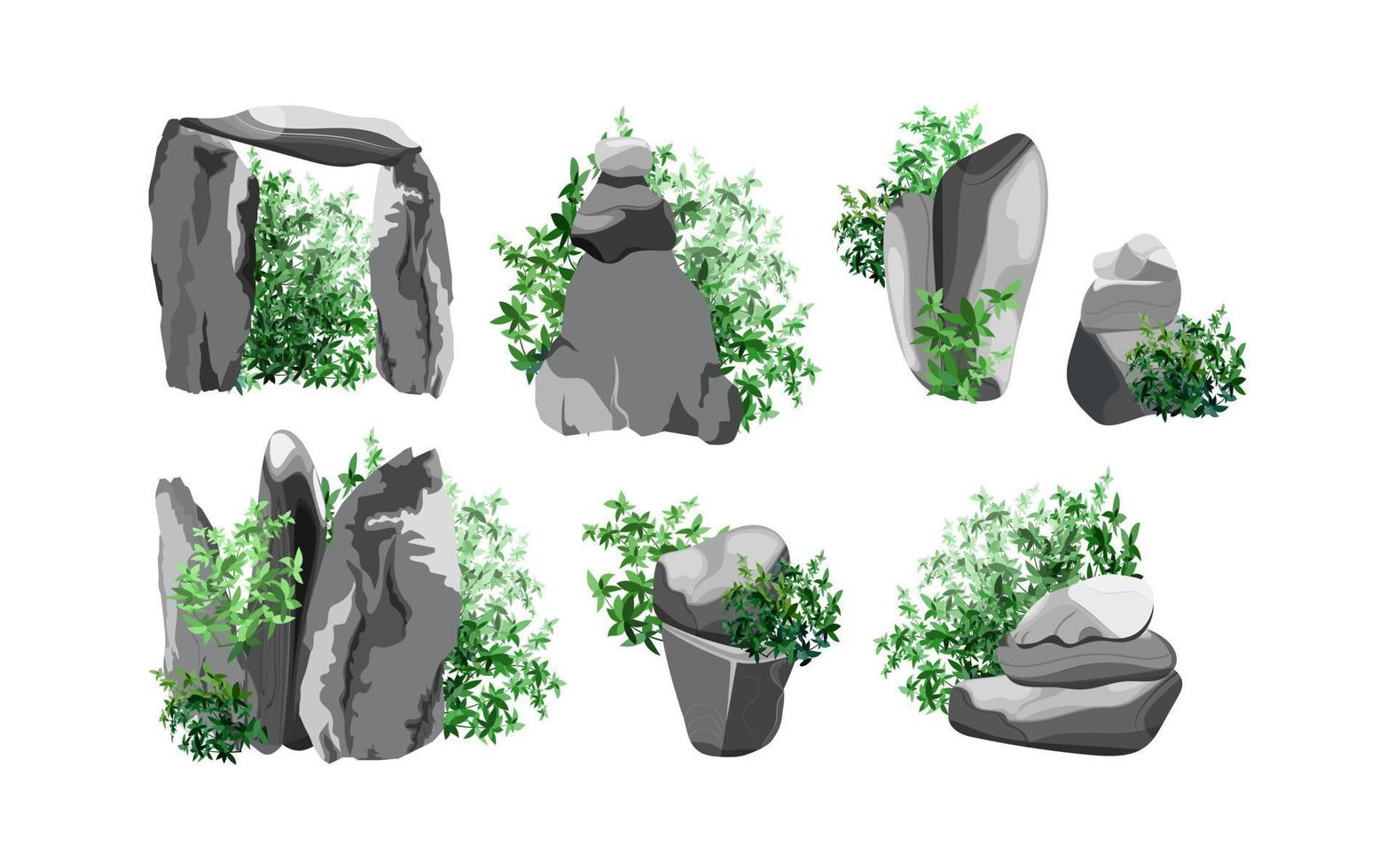 collection de pierres et de plantes de formes diverses. galets côtiers, pavés, gravier, minéraux et formations géologiques. fragments de roche, rochers et matériaux de construction. vecteur