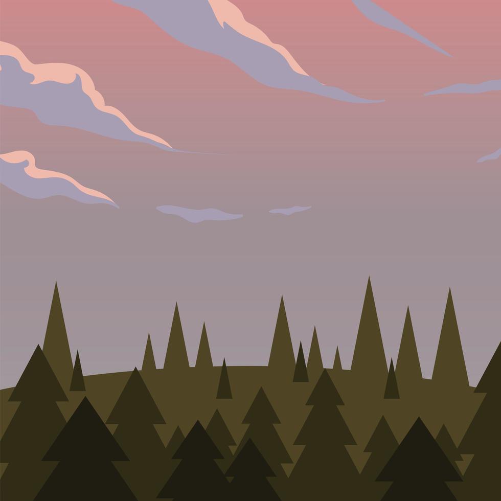 paysage de pins et fond de ciel violet vecteur