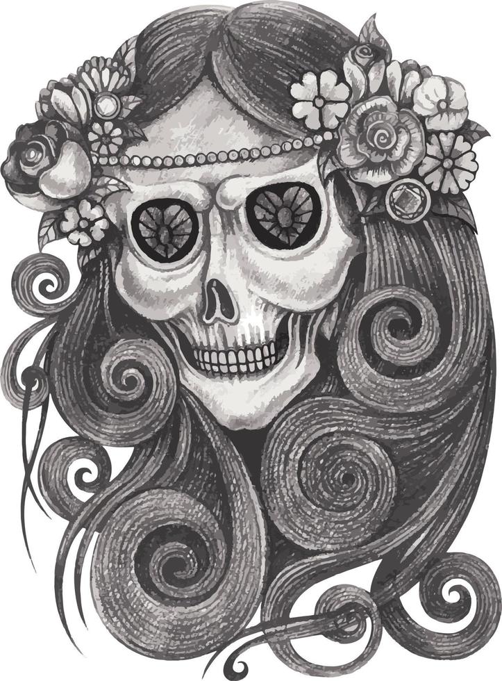 art fantaisie femme crâne jour des morts. dessin à la main et faire du vecteur graphique.