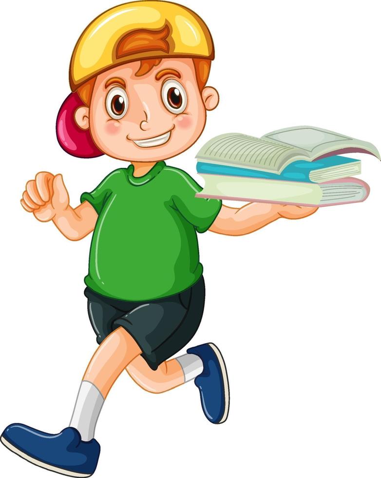 un garçon heureux tenant le personnage de dessin animé de livre sur fond blanc vecteur