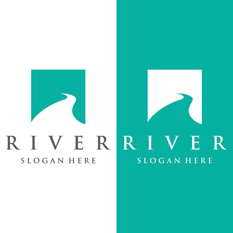 logos de rivières, ruisseaux, berges et ruisseaux. logo de rivière avec combinaison de montagnes et de terres agricoles avec modèle d'illustration vectorielle de conception de concept. vecteur