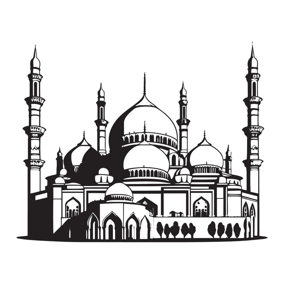 magnifique mosquée vecteur contour esquisser dessin. silhouette, icône, logo de mosquée.