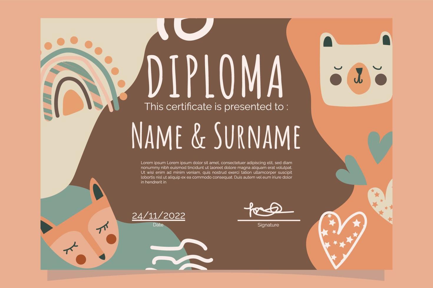 Jardin d'enfants boho animaux diplôme vecteur