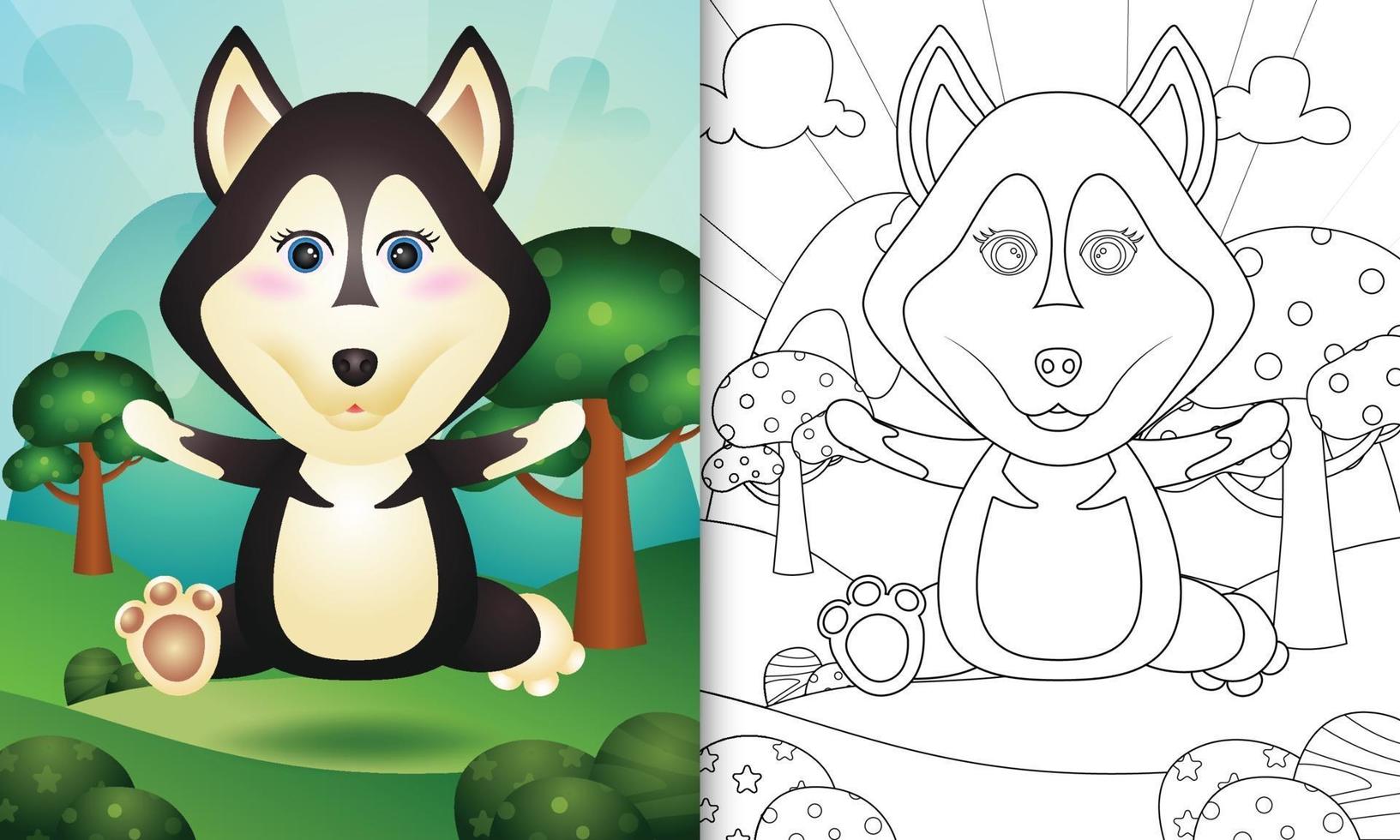 modèle de livre de coloriage pour les enfants avec une illustration de personnage de chien husky mignon vecteur