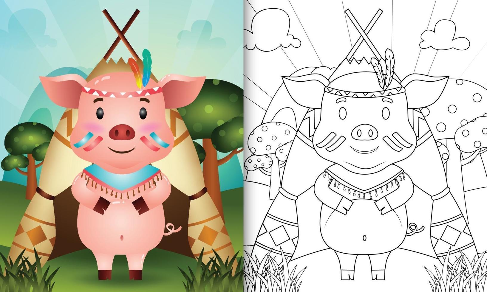 modèle de livre de coloriage pour les enfants avec une illustration de personnage de cochon boho tribal mignon vecteur