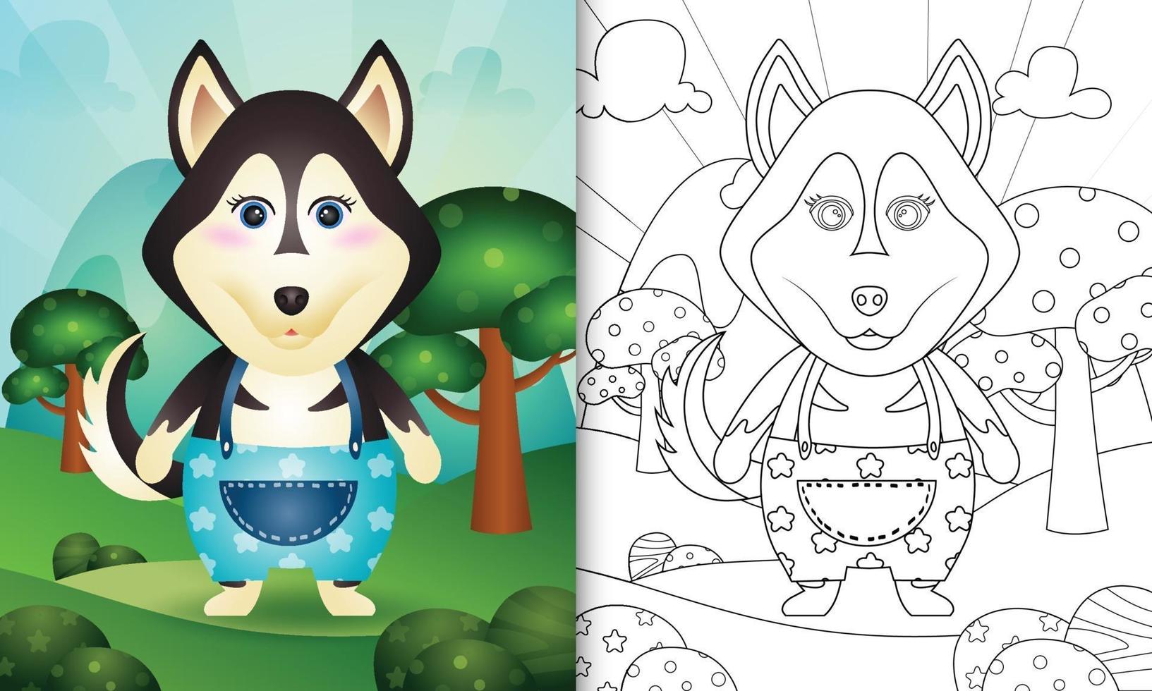 modèle de livre de coloriage pour les enfants avec une illustration de personnage de chien husky mignon vecteur