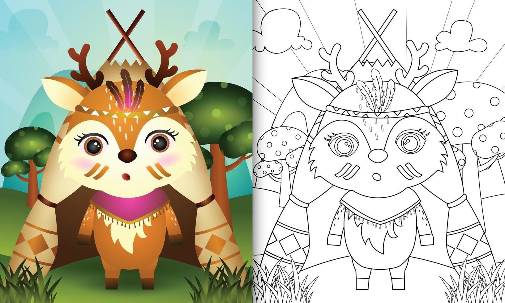 modèle de livre de coloriage pour les enfants avec une illustration de personnage de cerf boho tribal mignon vecteur