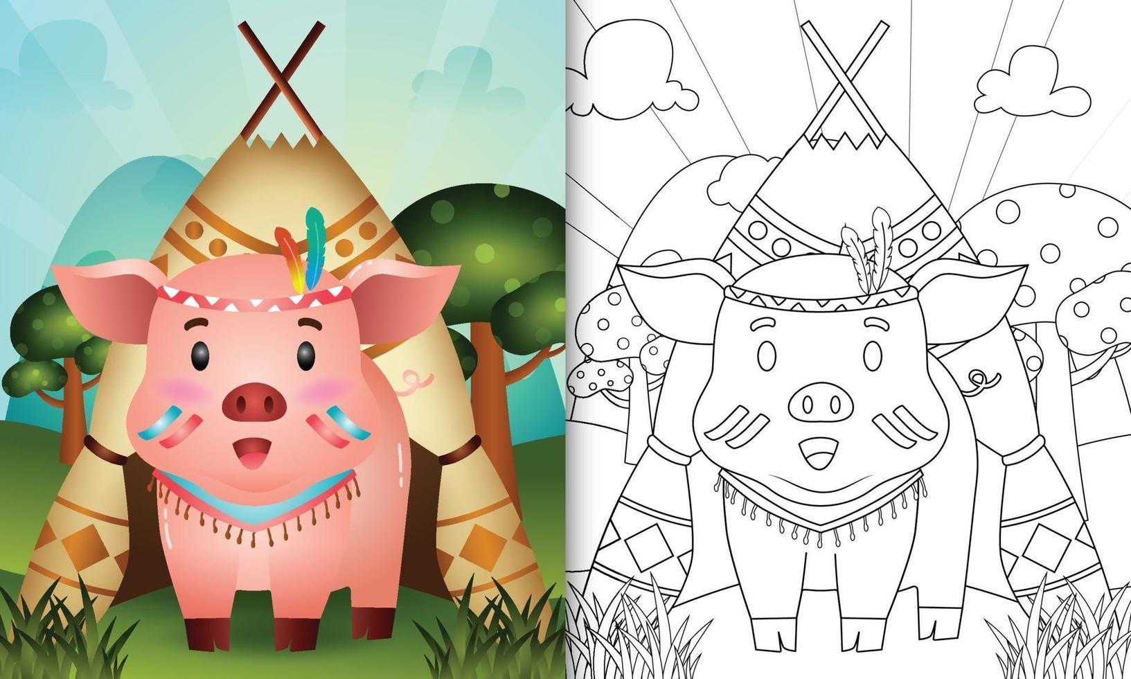 modèle de livre de coloriage pour les enfants avec une illustration de personnage de cochon boho tribal mignon vecteur