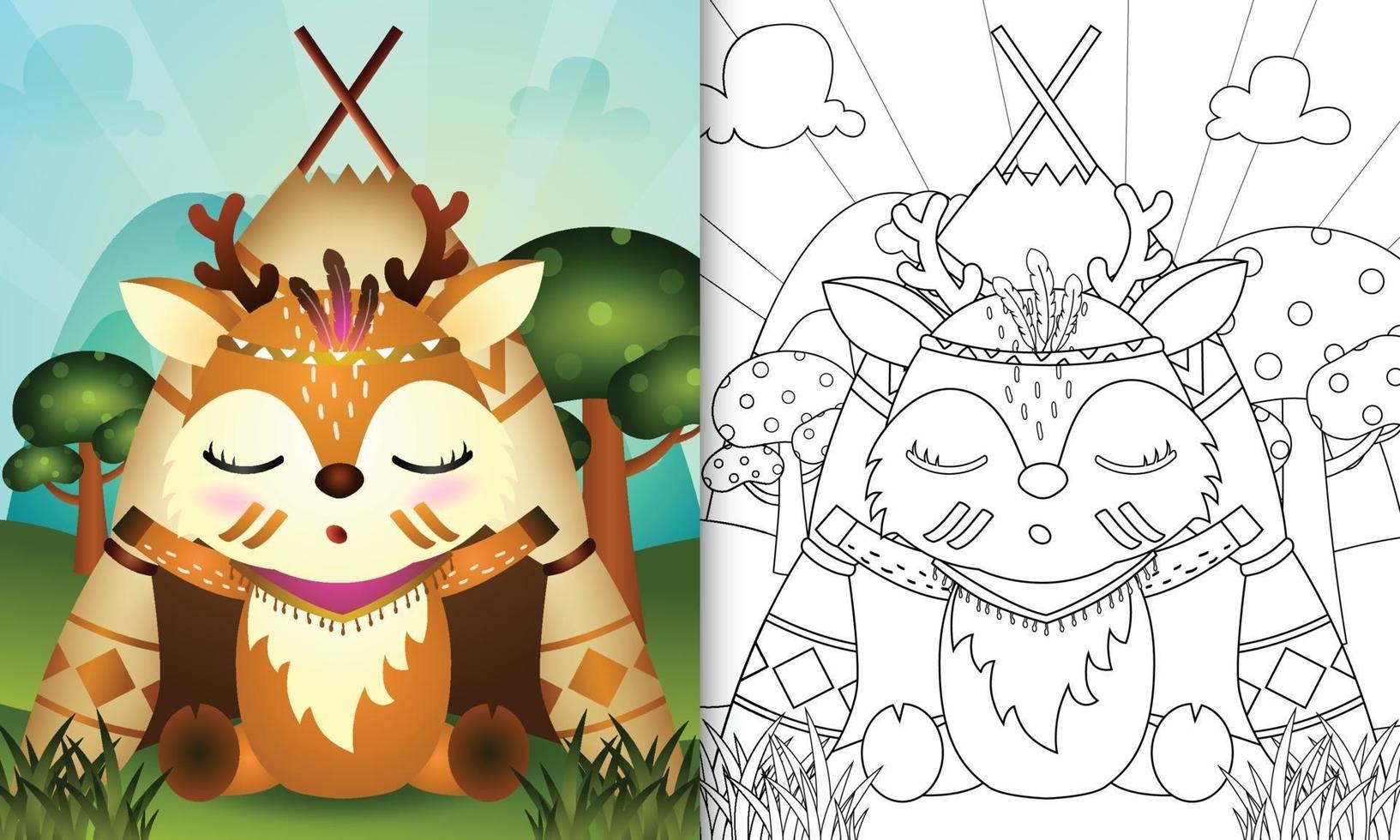 modèle de livre de coloriage pour les enfants avec une illustration de personnage de cerf boho tribal mignon vecteur