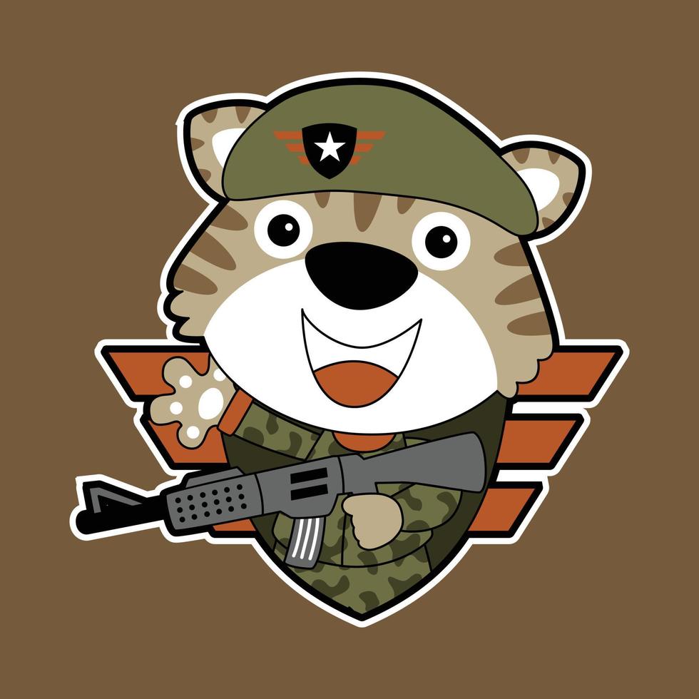 dessin animé marrant chat dans soldat uniforme avec fusil, vecteur illustration