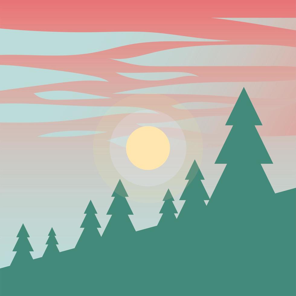 ciel rose sur fond de pins et de montagnes vecteur