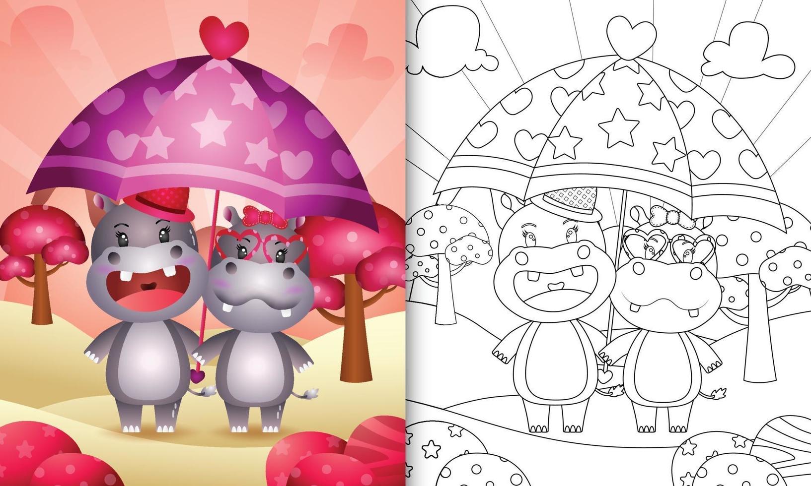Livre de coloriage pour les enfants avec un joli couple d'hippopotames tenant un parapluie sur le thème de la Saint-Valentin vecteur