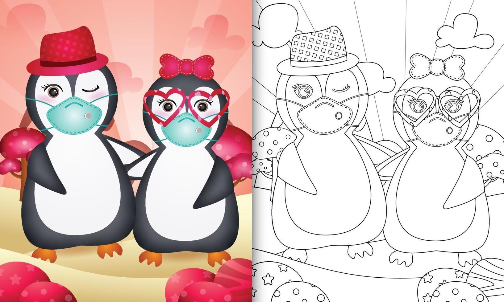 Livre de coloriage pour les enfants avec un joli couple de pingouins de la Saint-Valentin utilisant un masque protecteur vecteur
