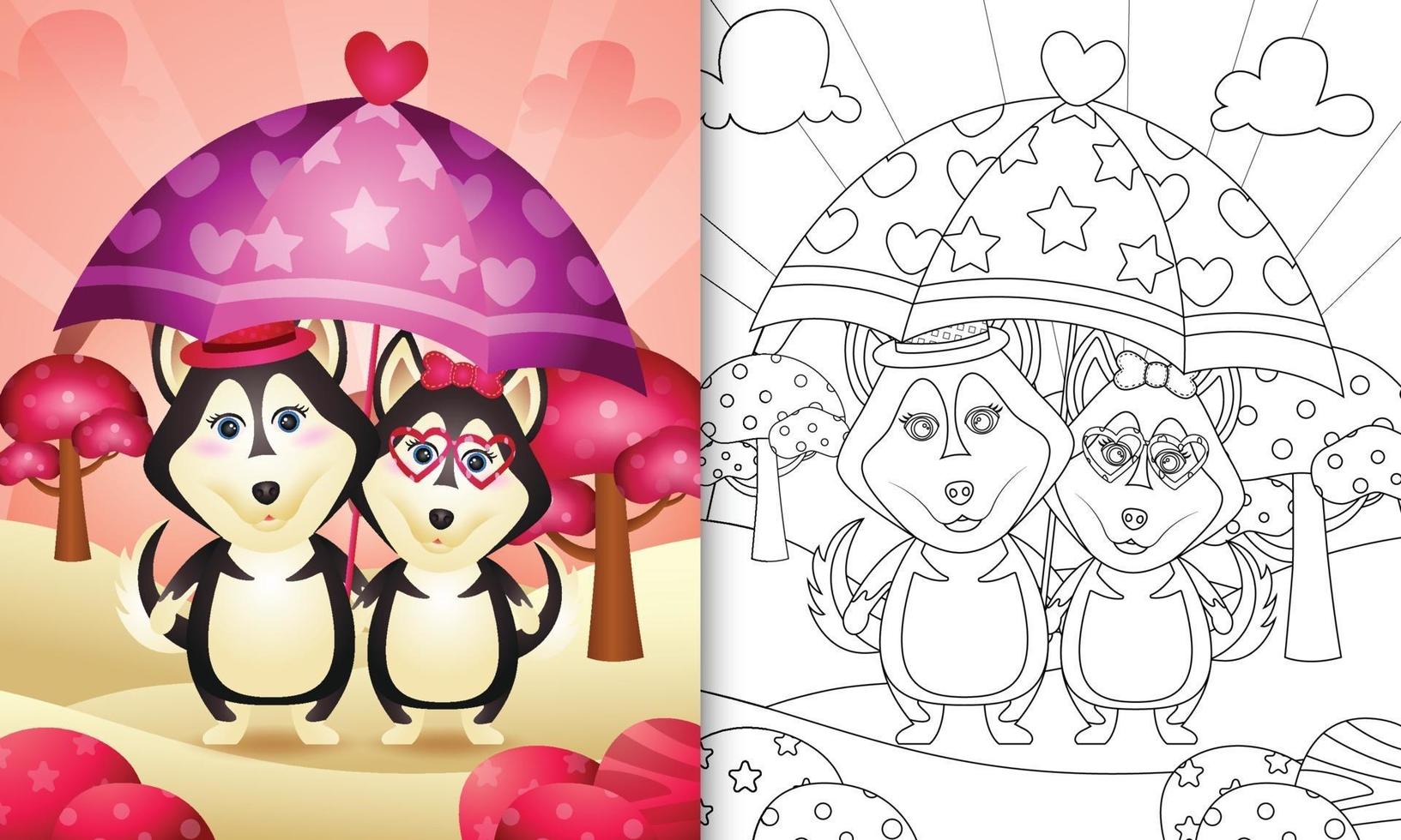 Livre de coloriage pour les enfants avec un joli couple de chiens husky tenant un parapluie sur le thème de la Saint-Valentin vecteur