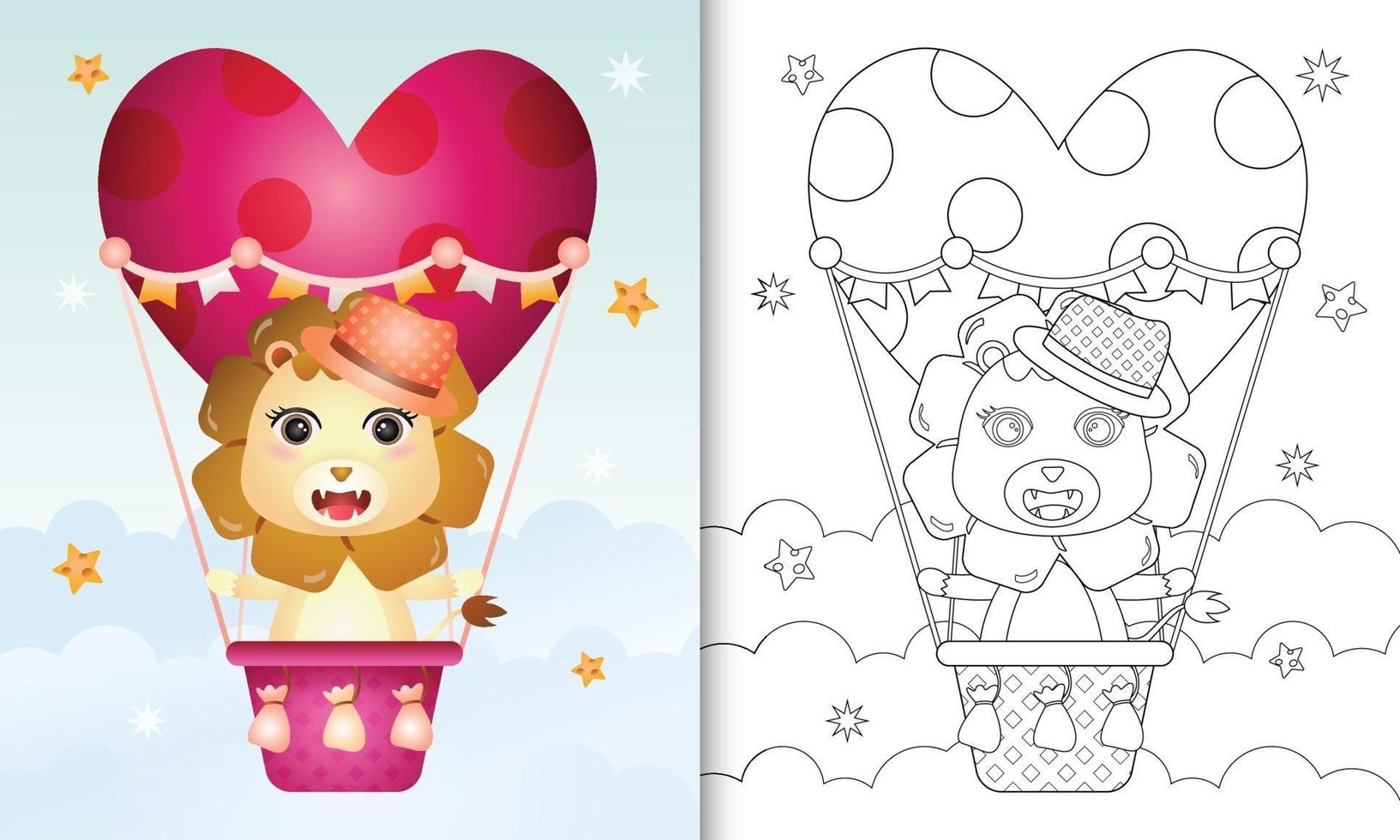 livre de coloriage pour les enfants avec un mignon lion mâle sur la montgolfière sur le thème de l'amour Saint Valentin vecteur