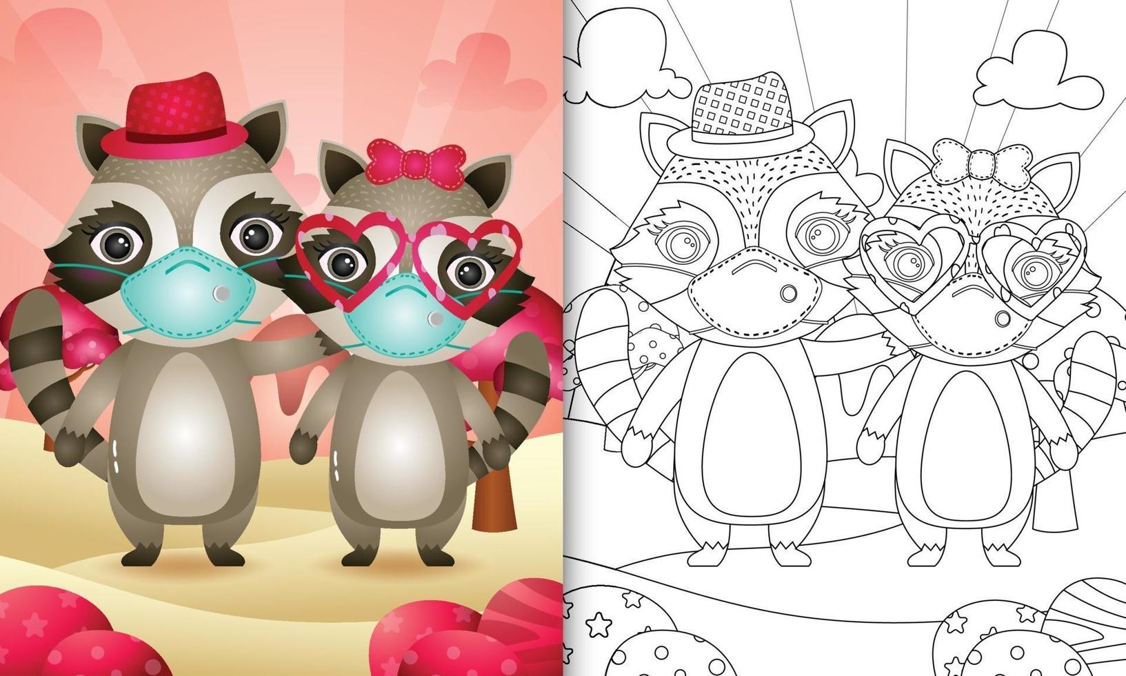 Livre de coloriage pour les enfants avec un joli couple de raton laveur de la Saint-Valentin utilisant un masque protecteur vecteur