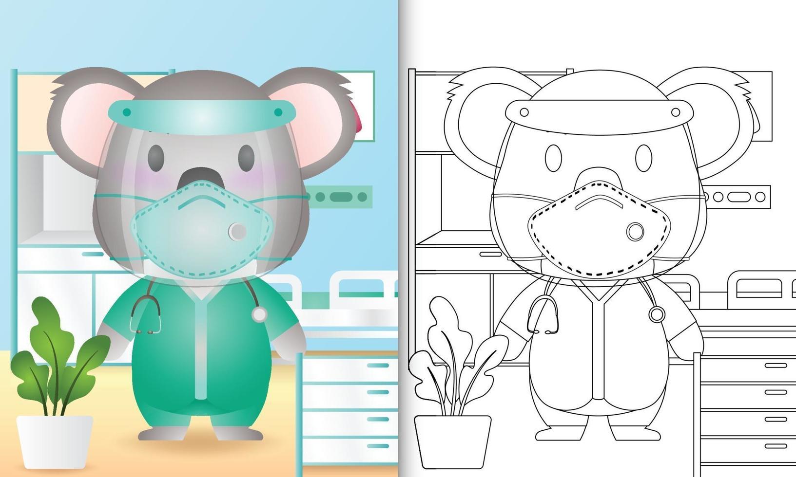 livre de coloriage pour les enfants avec une illustration de personnage koala mignon utilisant le costume de l'équipe médicale vecteur