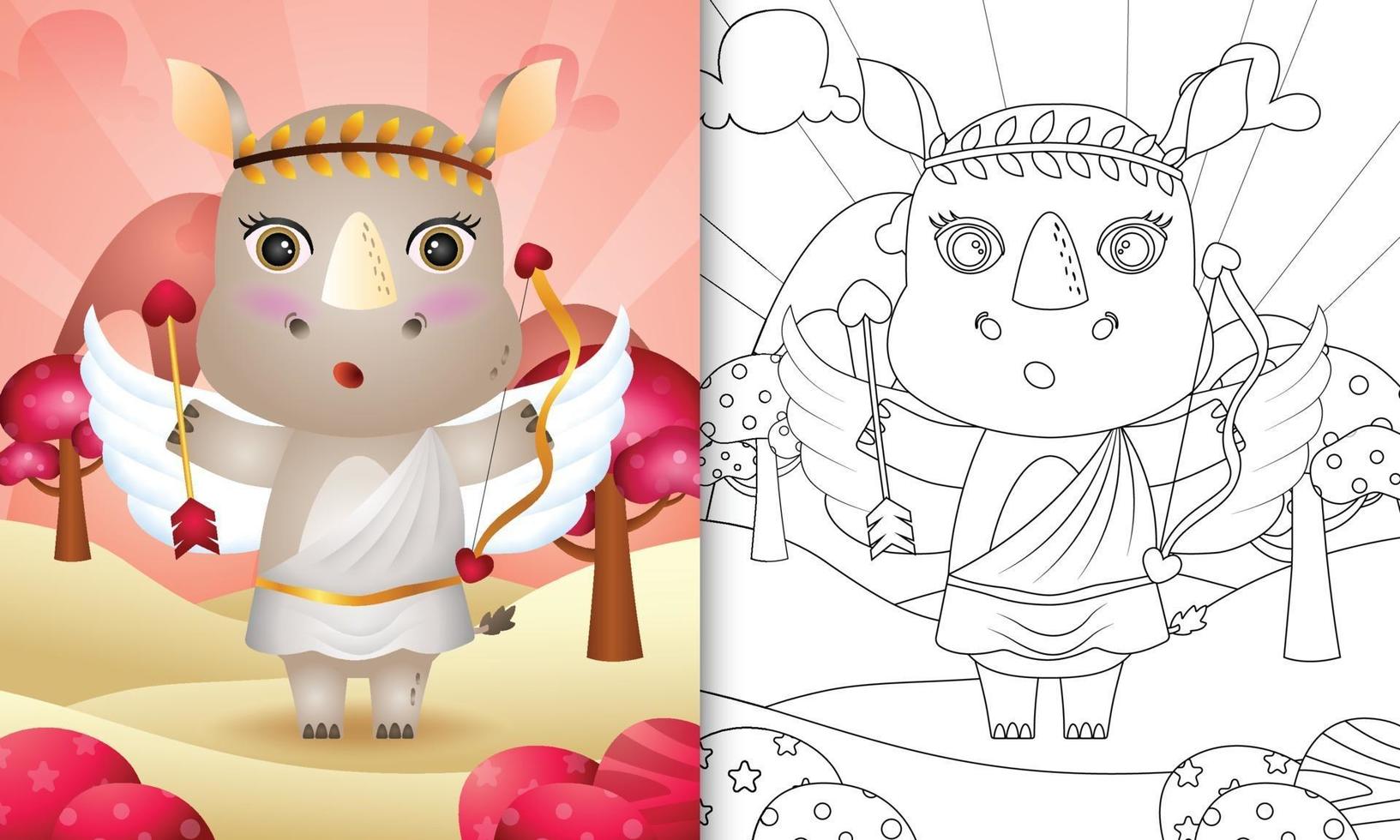 Livre de coloriage pour les enfants avec un ange rhinocéros mignon utilisant le costume de cupidon sur le thème de la Saint-Valentin vecteur