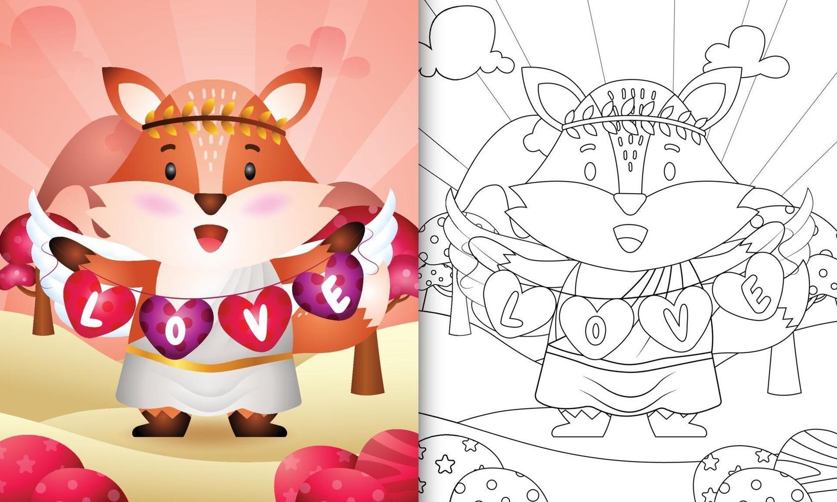 Livre de coloriage pour les enfants avec un ange renard mignon utilisant un costume de cupidon tenant un drapeau en forme de coeur vecteur