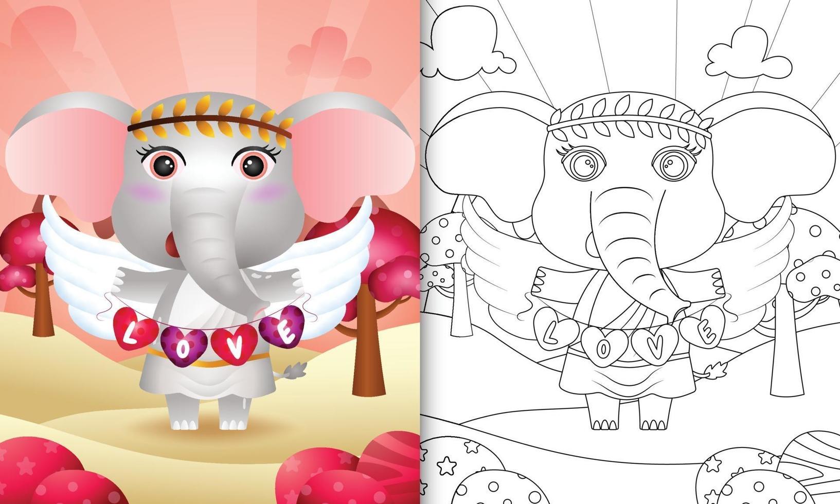 Livre de coloriage pour les enfants avec un ange éléphant mignon utilisant un costume de cupidon tenant un drapeau en forme de coeur vecteur