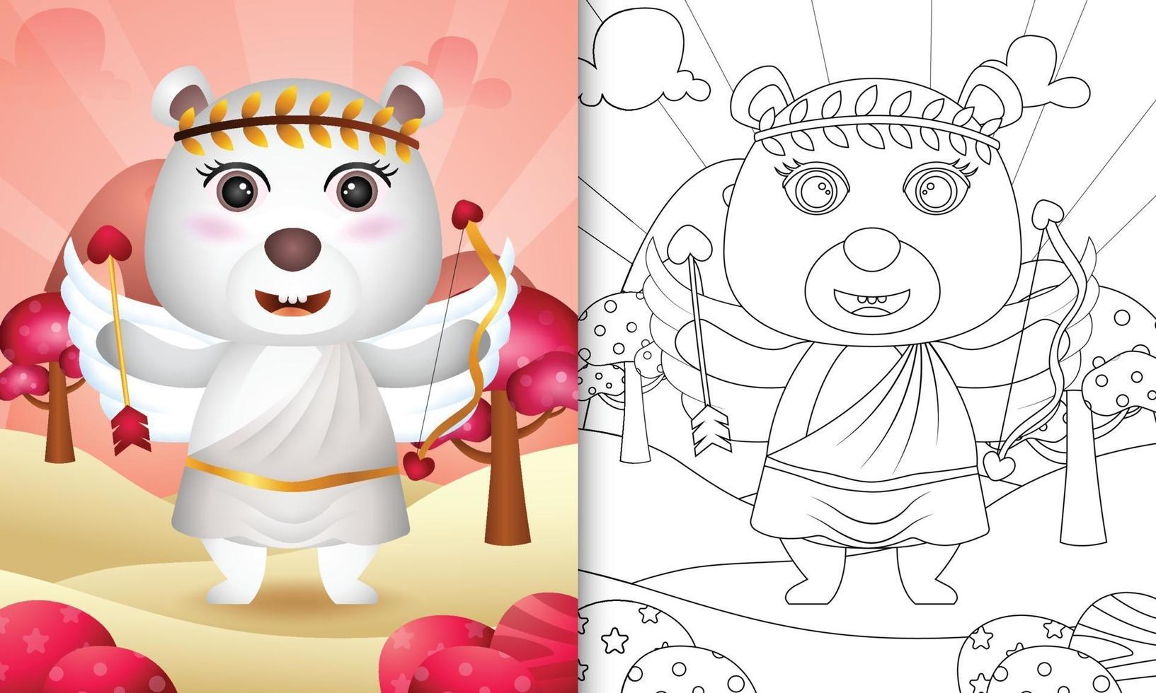 Livre de coloriage pour les enfants avec un ange ours polaire mignon utilisant un costume de cupidon sur le thème de la Saint-Valentin vecteur