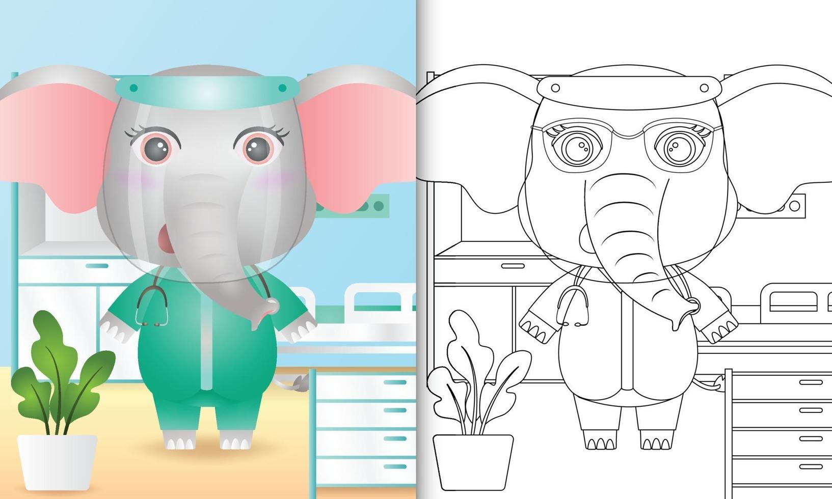 livre de coloriage pour les enfants avec une illustration de personnage d'éléphant mignon utilisant le costume de l'équipe médicale vecteur