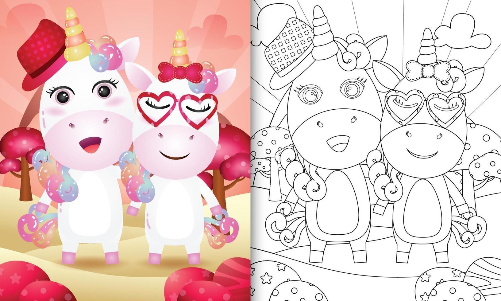 livre de coloriage pour les enfants avec un joli couple de licorne sur le thème de la saint-valentin vecteur