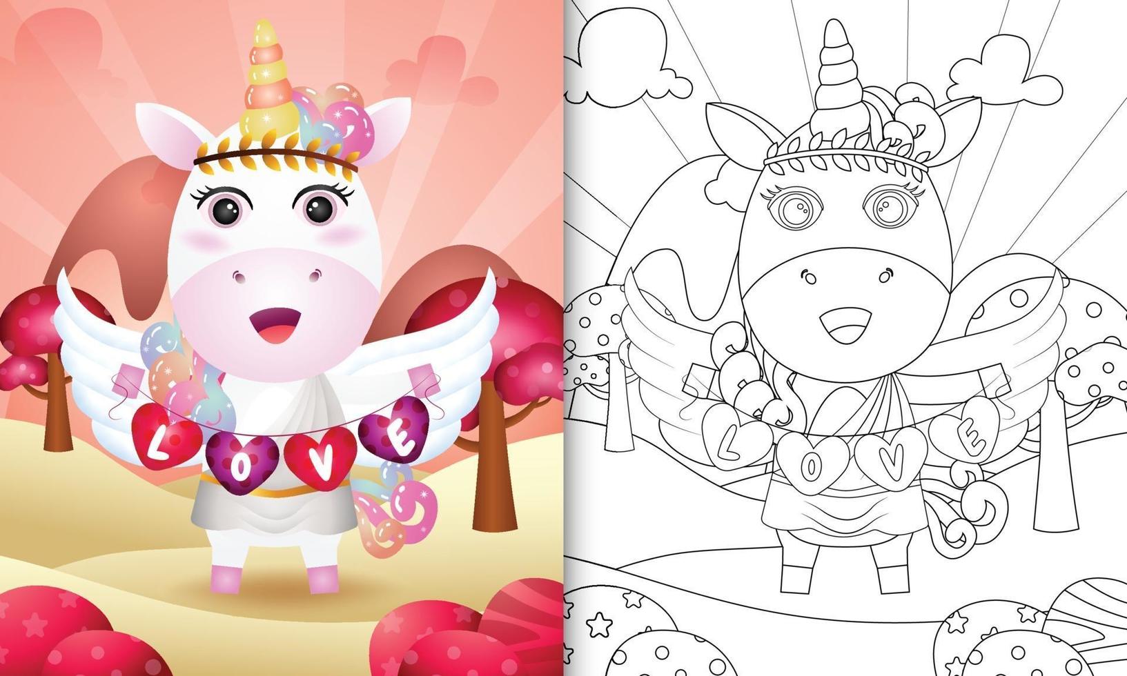 Livre de coloriage pour les enfants avec un ange licorne mignon utilisant un costume de cupidon tenant un drapeau en forme de coeur vecteur