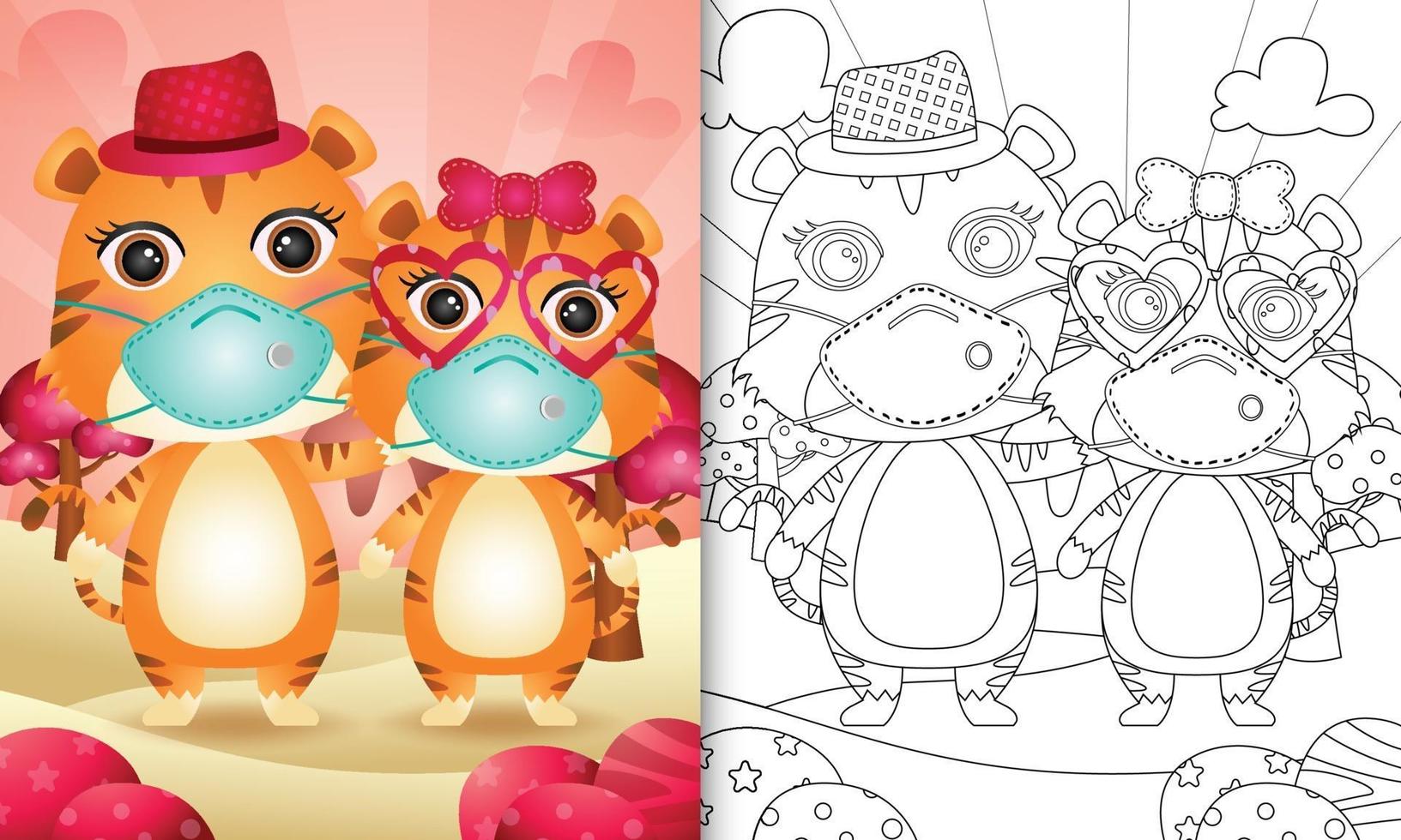Livre de coloriage pour les enfants avec un joli couple de tigres de la Saint-Valentin utilisant un masque protecteur vecteur
