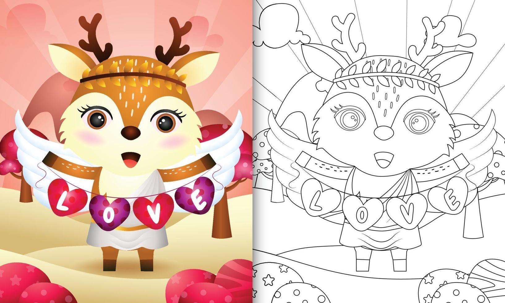 Livre de coloriage pour les enfants avec un joli ange cerf utilisant un costume de cupidon tenant un drapeau en forme de coeur vecteur