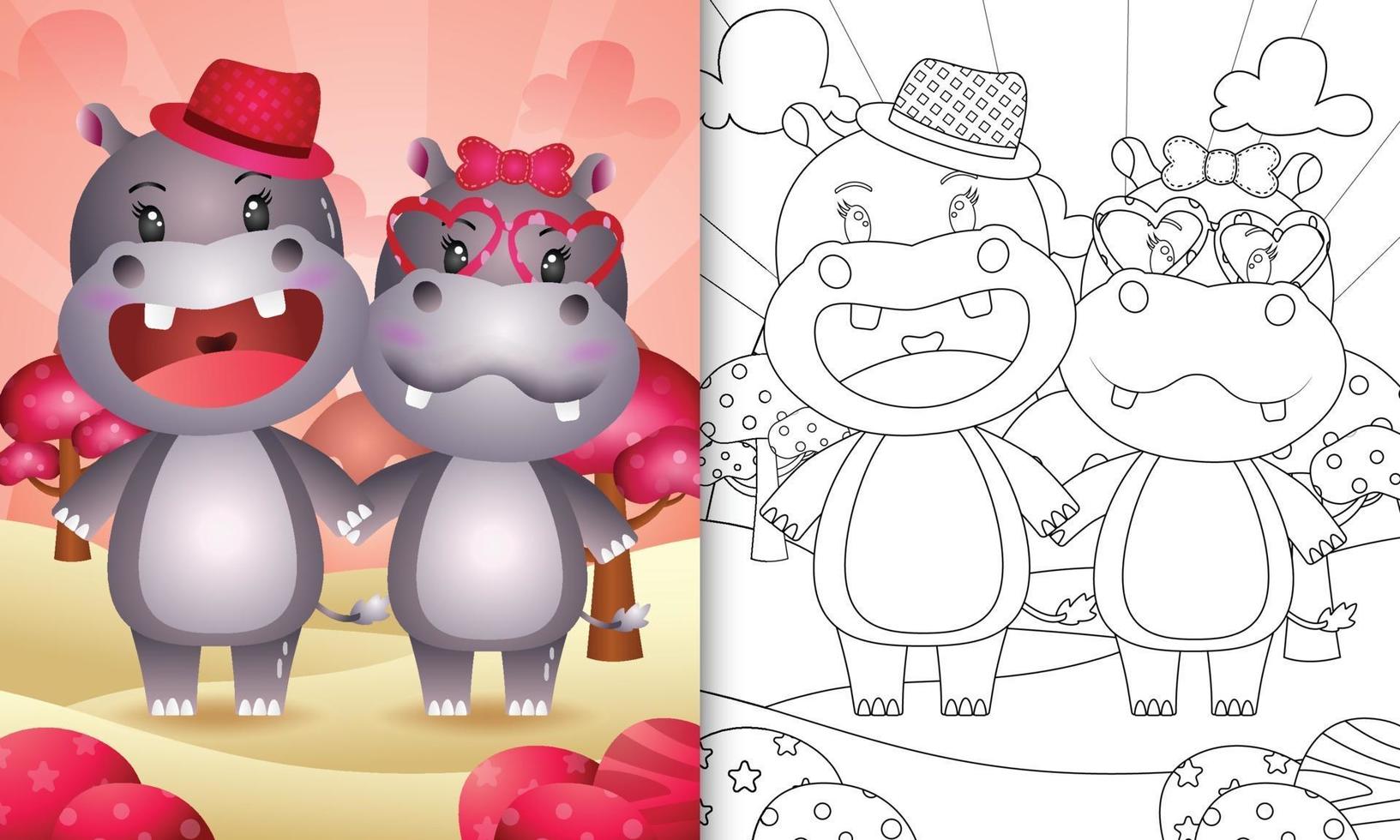 livre de coloriage pour les enfants avec un joli couple hippopotame sur le thème de la saint-valentin vecteur