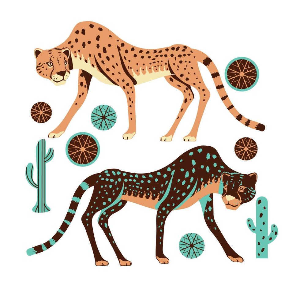 Adorable chasse au guépard avec de l'herbe spinifex et des cactus vecteur